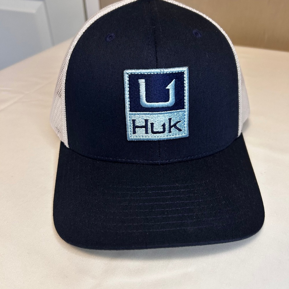 Huk Navy and White Trucker Hat with Light Blue Logo